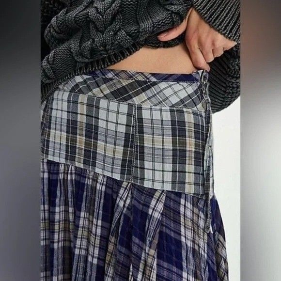 Free People Whitestone Plaid Midi Skirt Print Asymmetrical Cotton S-6 New 284077 - Picture 2 of 8